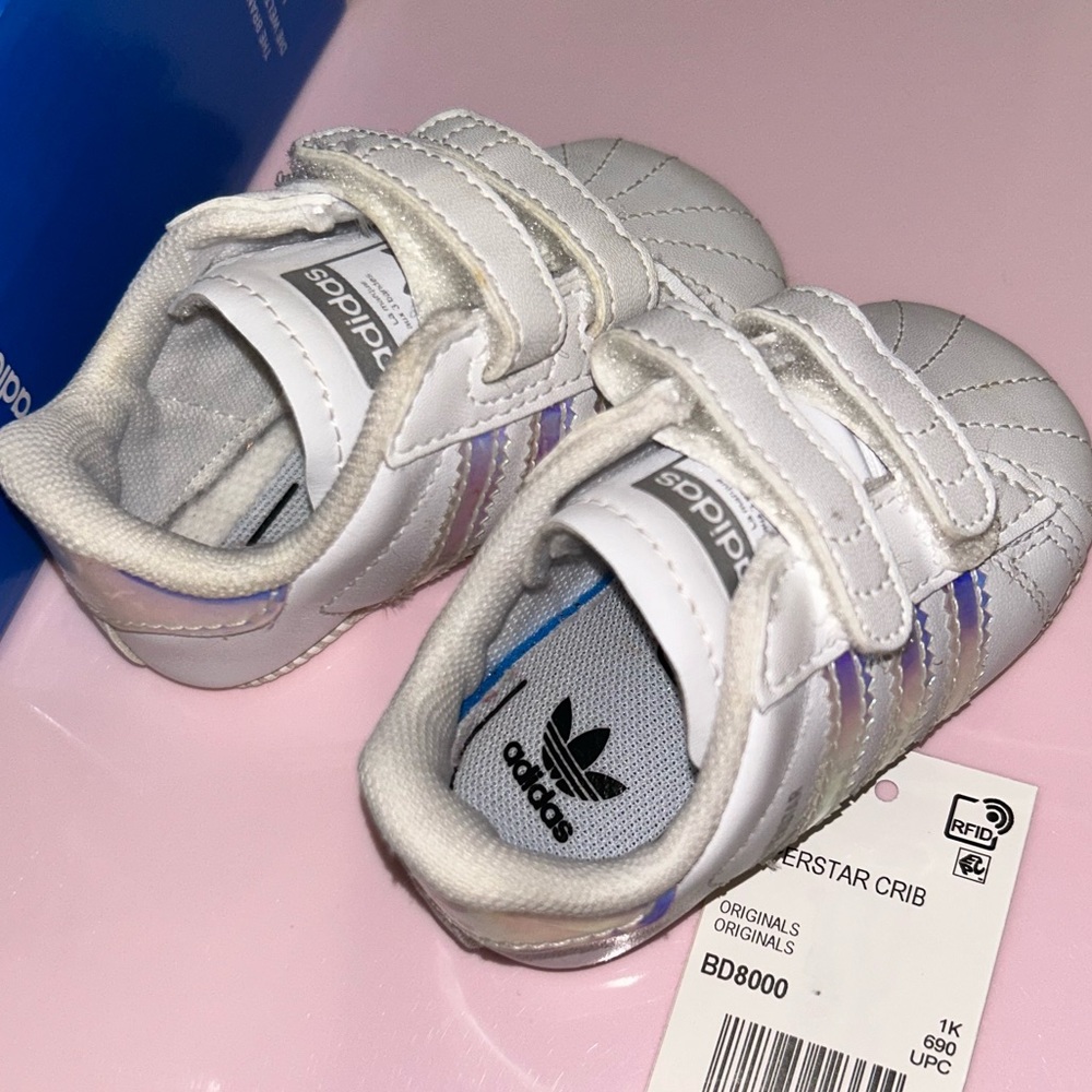 Adidas Superstar Crib! Size 1K in iridescent. Only worn once without walking on